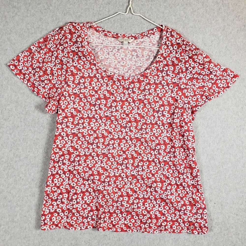 Lucky Brand Women's XL Red White Floral Scoop Neck Cap Sleeve Knit Top Blouse